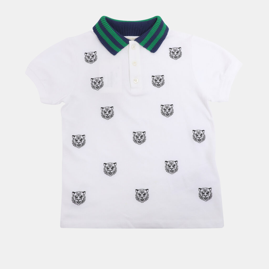 Gucci White/Blue Tiger Print Web Collar Jersey Polo T-Shirt 6 Yrs