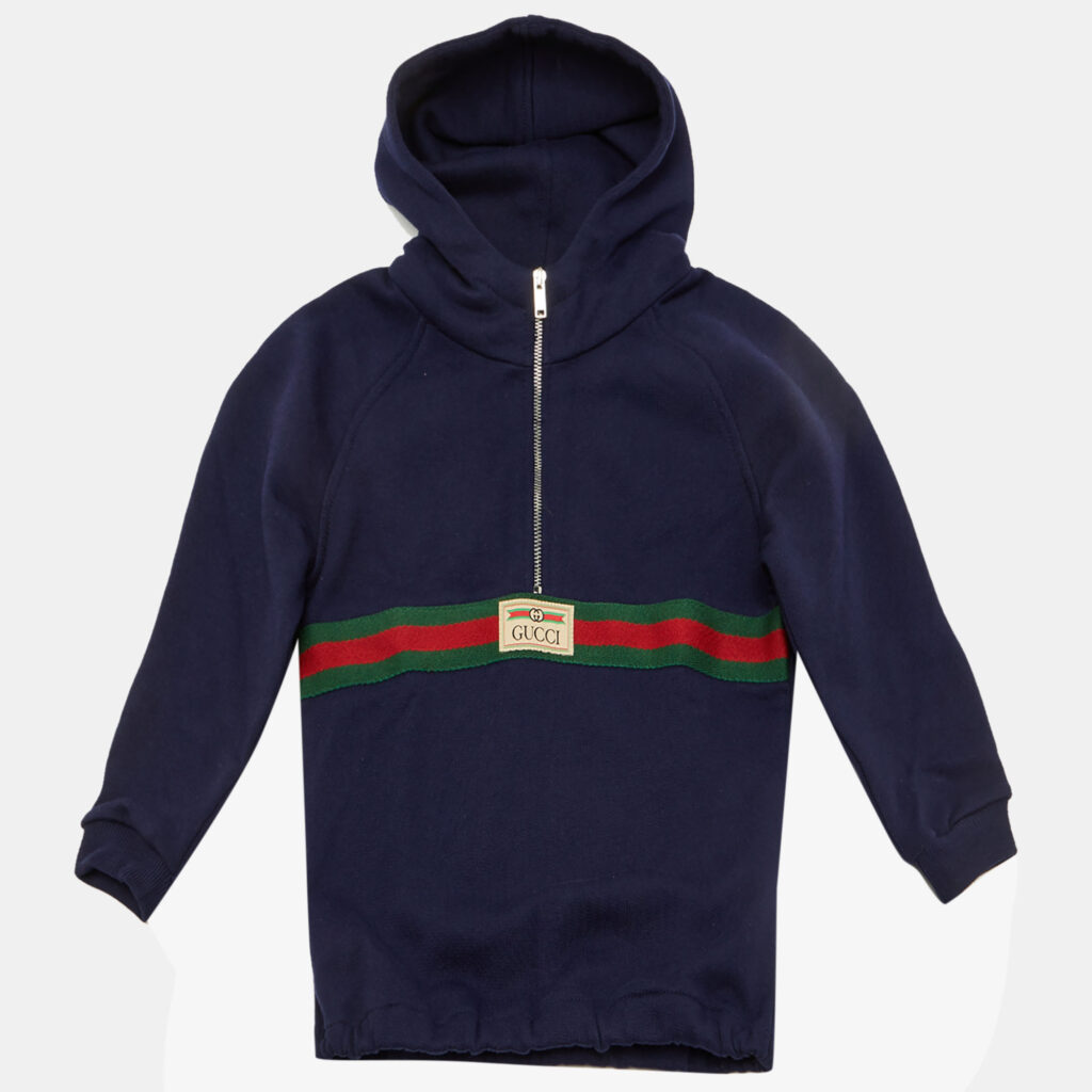 Gucci Kids Navy Blue Cotton Web Striped Hoodie Size 12-18 M Gucci Kids Navy Blue Cotton Web Striped Hoodie Size 12-18 M