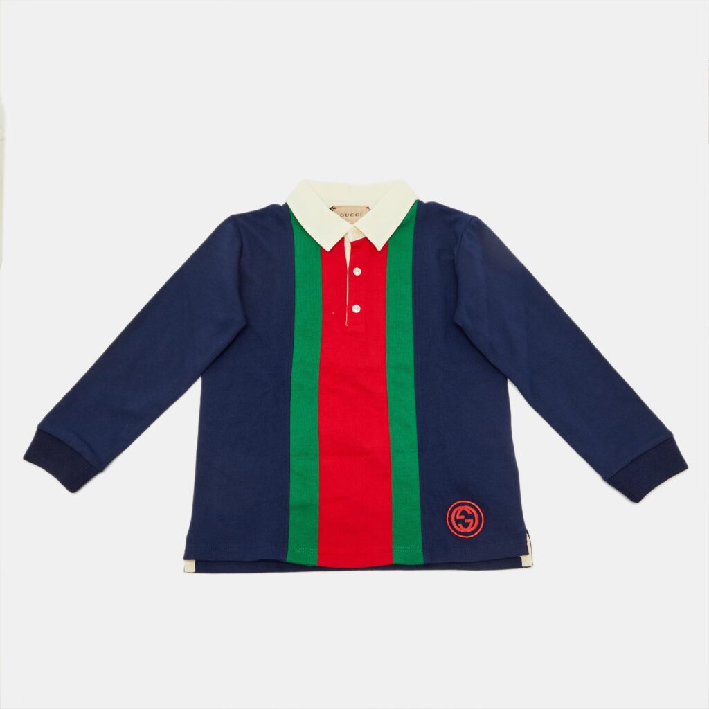 Gucci Kids Navy Blue Web Striped Cotton T-Shirt Size 24 M/2 Yrs Gucci Kids Navy Blue Web Striped Cotton T-Shirt Size 24 M/2 Yrs