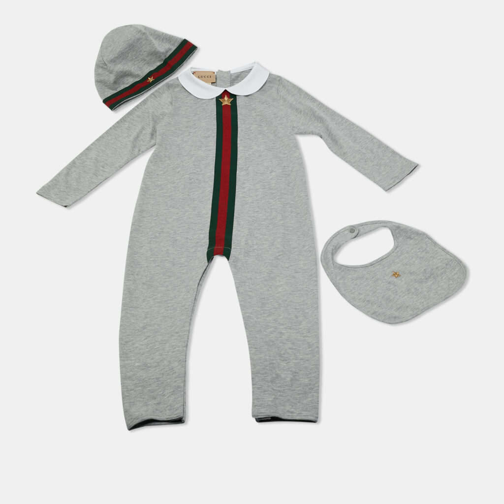 Gucci Kids Grey Web Trim Cotton Onesie Set 18-24M
