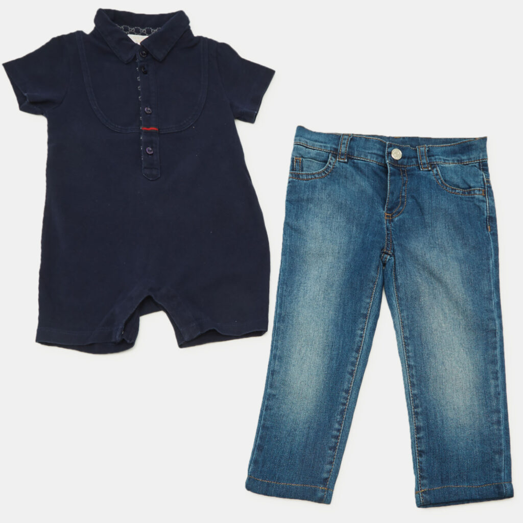 Gucci Kids Blue Cotton and Denim Onesie Set 6/9M and 9/12M Gucci Kids Blue Cotton and Denim Onesie Set 6/9M and 9/12M