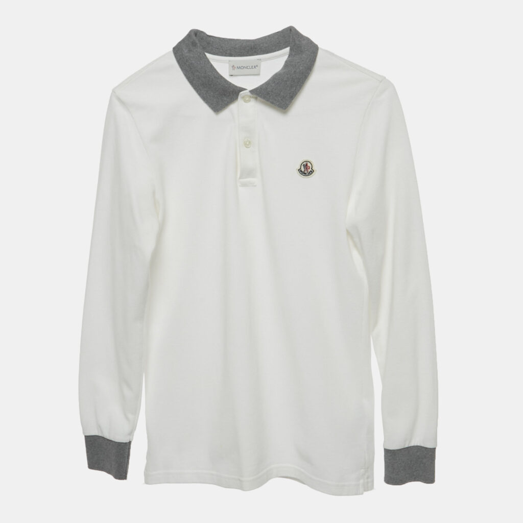 Moncler Kids White Log Applique Cotton Pique Full Sleeve Polo T-Shirt 12 Yrs