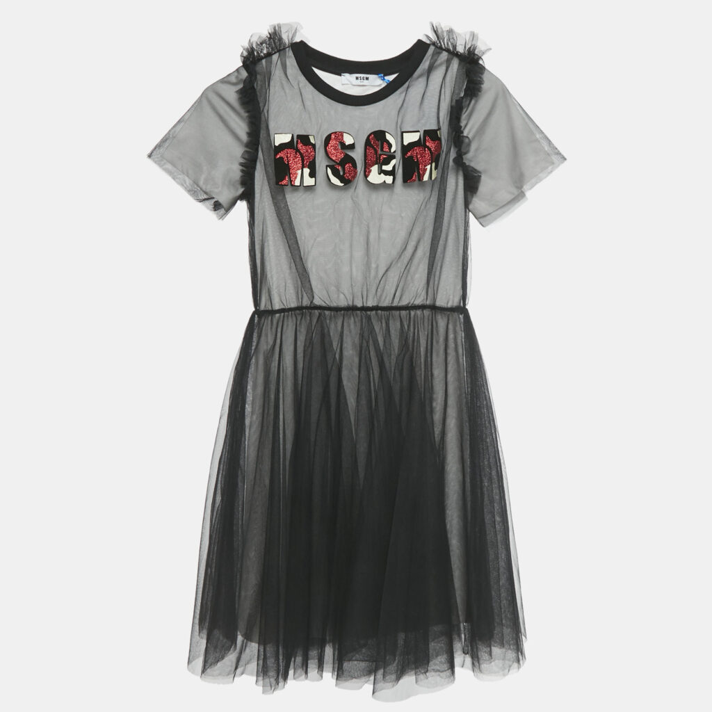 luxury-kids-msgm-used-girls-p1224790-002-1.jpg MSGM Kids Black Logo Applique Tulle Dress 10Yrs