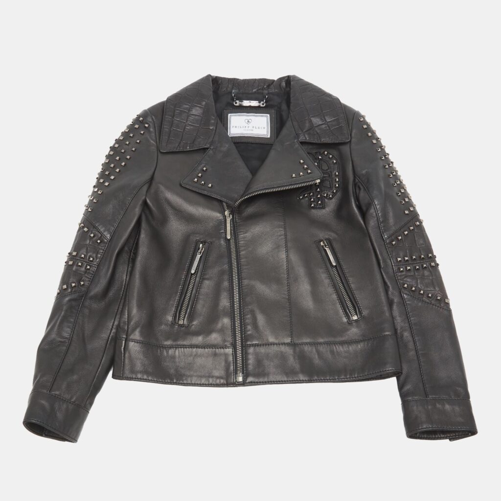 Philipp Plein Junior Black Studded Textured Leather Detail Jacket 8 Yrs