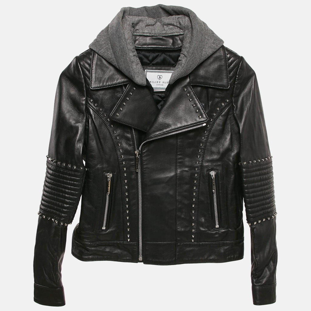 : Philipp Plein Junior Black Studded Leather Detachable Hood Biker Jacket 8 Yrs : Philipp Plein Junior Black Studded Leather Detachable Hood Biker Jacket 8 Yrs