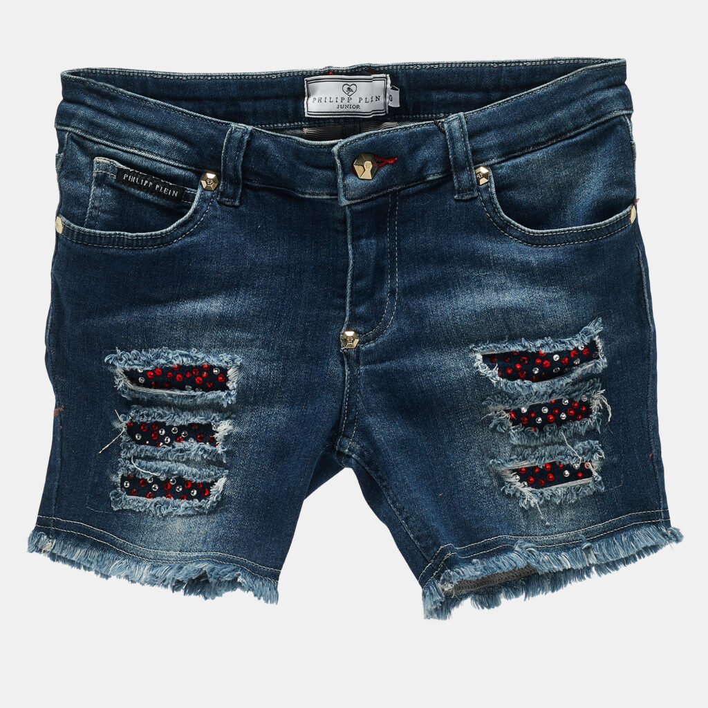 Philipp Plein Kids Middle Blue Studded Denim Distressed Shorts 10 Yrs Philipp Plein Kids Middle Blue Studded Denim Distressed Shorts 10 Yrs