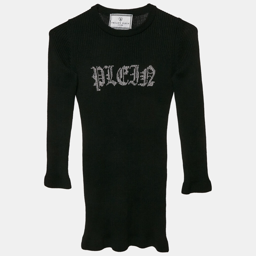 Philipp Plein Junior Black Crystal Embellished Rib Knit Wool Bodycon Dress 8 Yrs Philipp Plein Junior Black Crystal Embellished Rib Knit Wool Bodycon Dress 8 Yrs