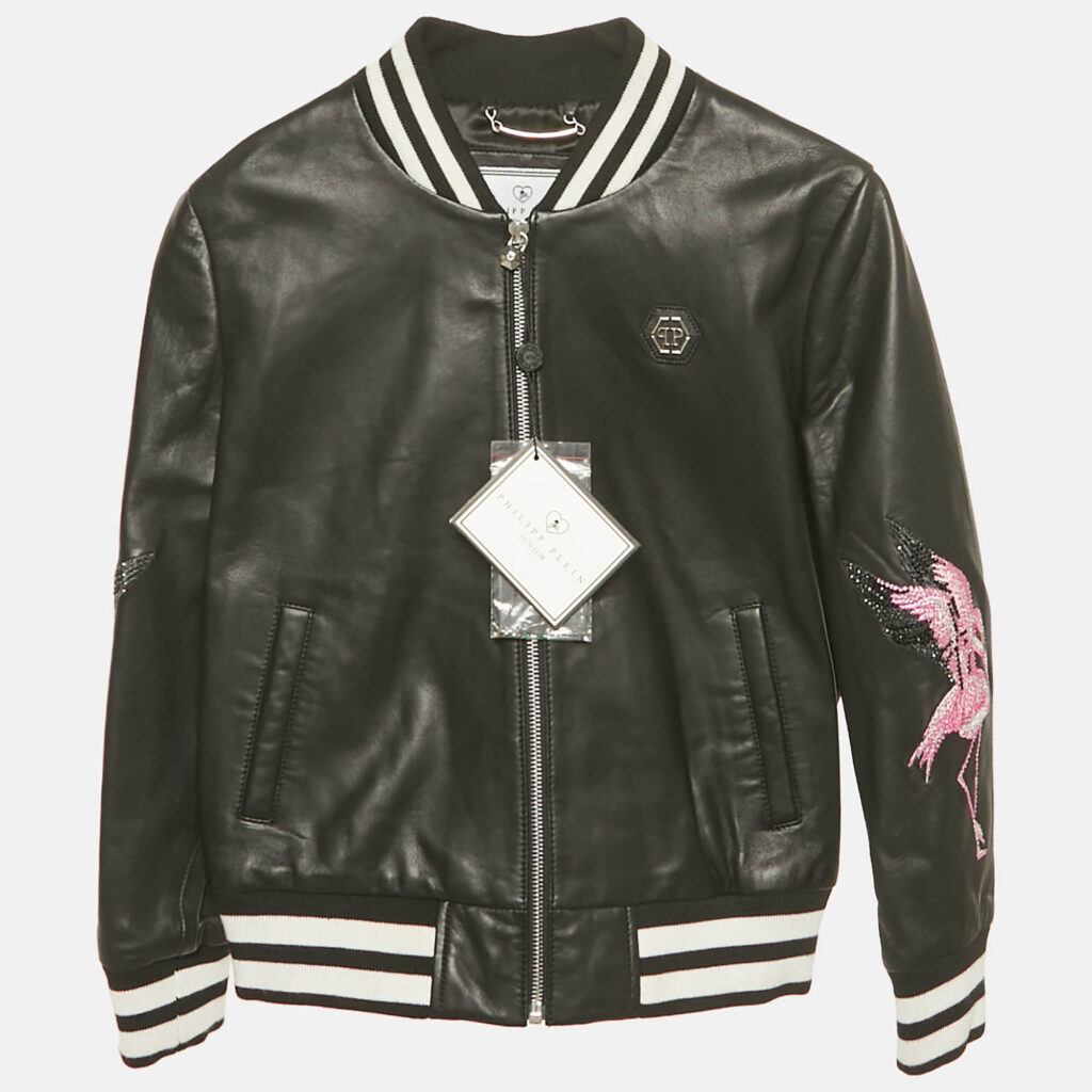 Philipp Plein Kids Black Flamingo Rhinestone Leather Jacket 8 Yrs