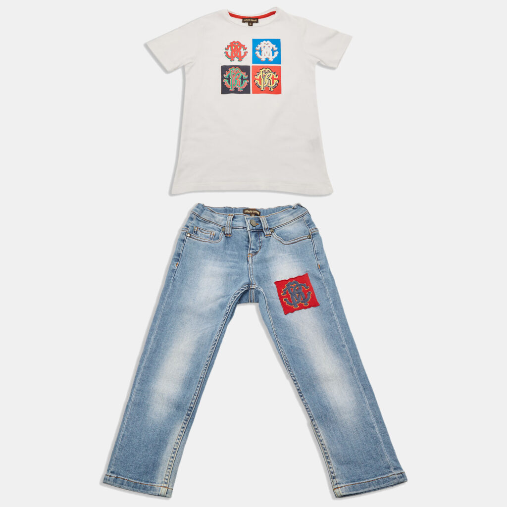 Roberto Cavalli Kids White /Blue Cotton Top & Denim Pants Set 4 Years Roberto Cavalli Kids White /Blue Cotton Top & Denim Pants Set 4 Years