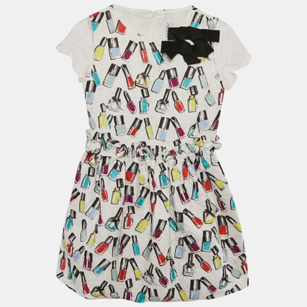Simonetta White Jacquard Nail Paint Print Ruffled Sleeveless Dress 12 Yrs