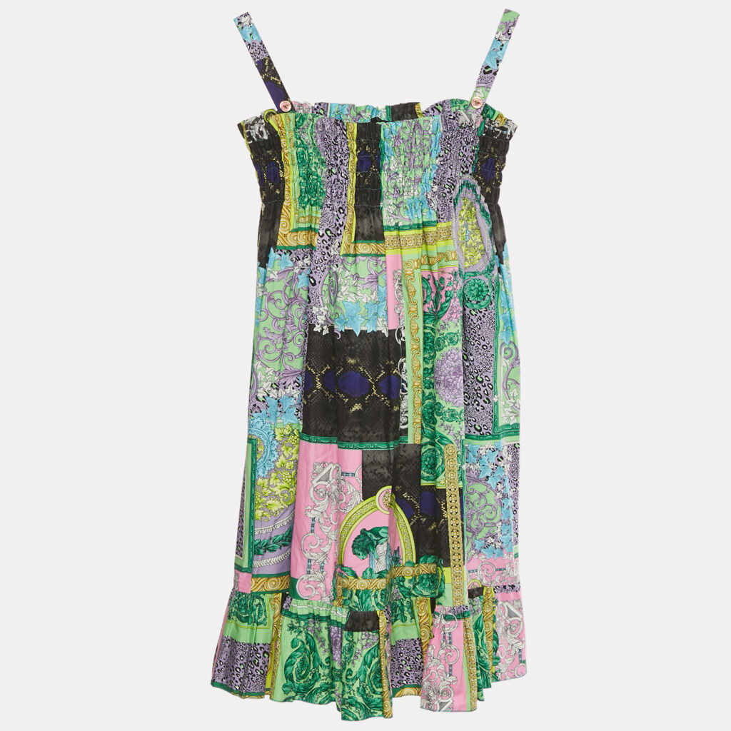 Versace Kids Green Barocco Print Cotton Shirring Dress 8Yrs