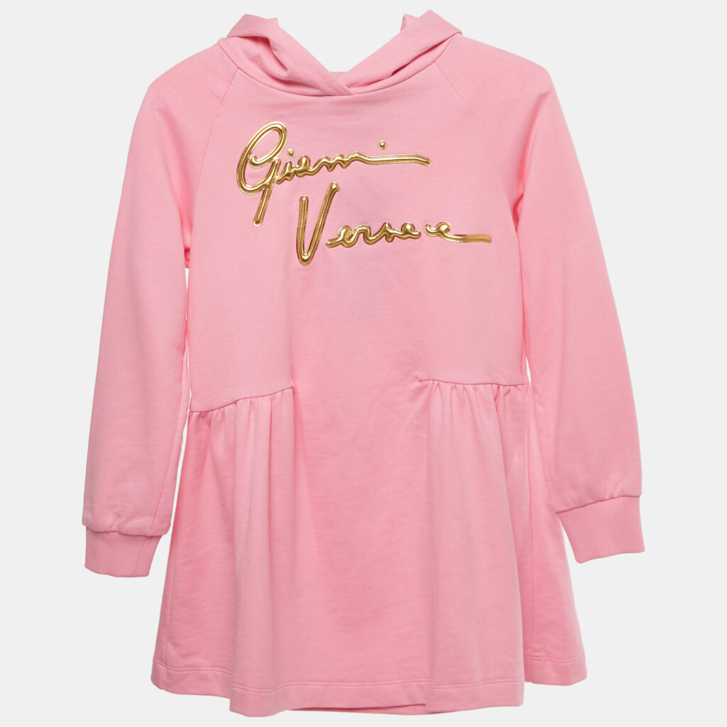 Versace Kids Pink Logo Embossed Cotton Hooded Dress 8Yrs Versace Kids Pink Logo Embossed Cotton Hooded Dress 8Yrs