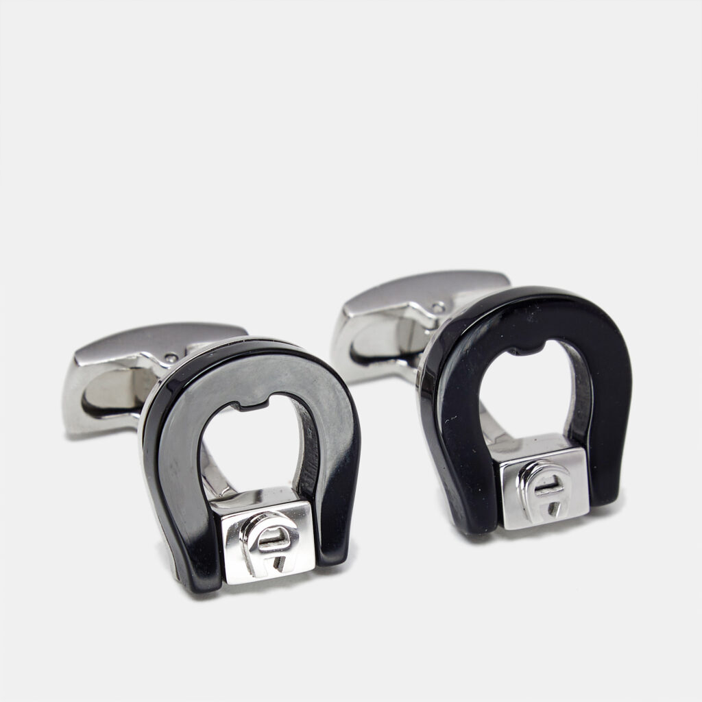Aigner Logo Ceramic Silver Tone Cufflinks