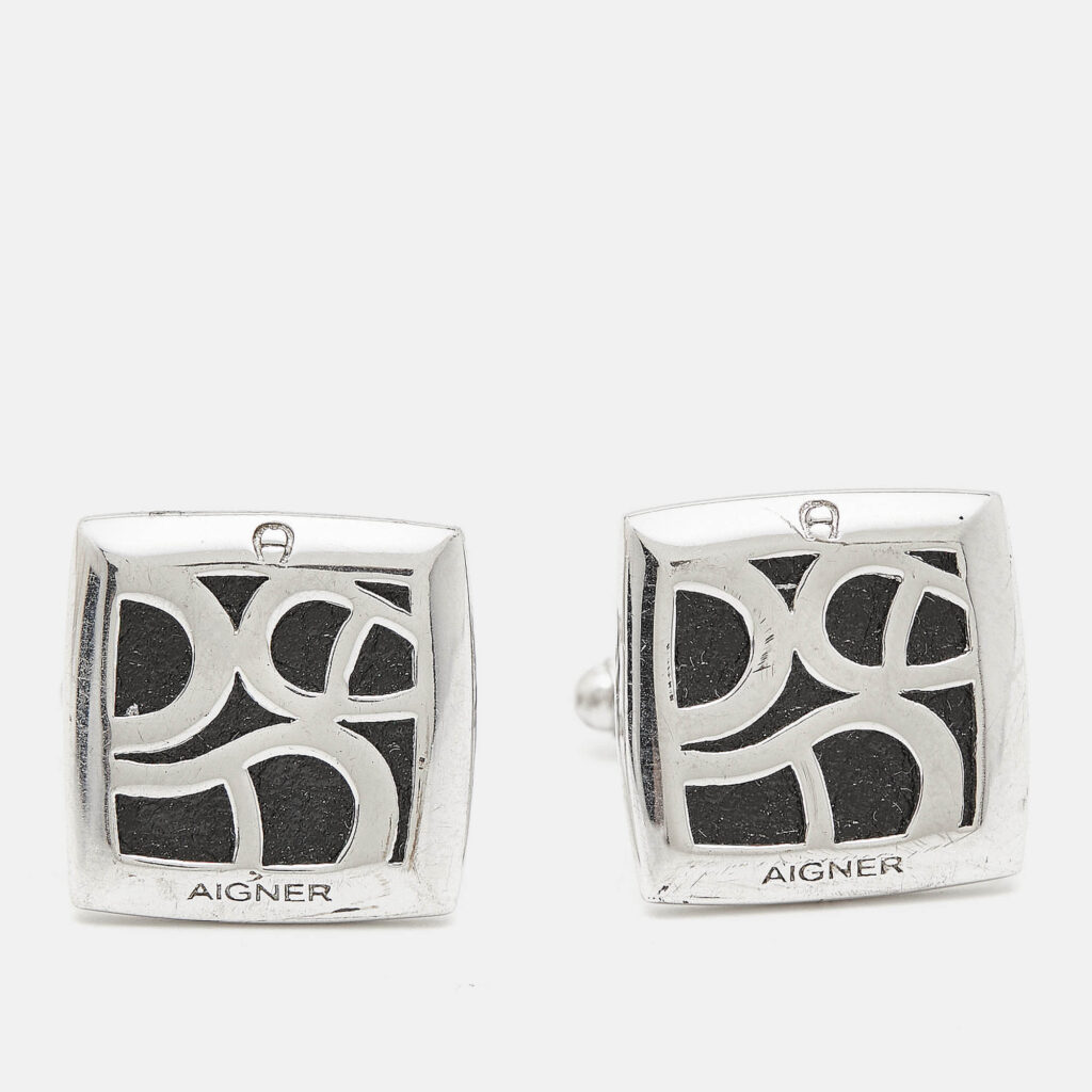 Aigner Logo Leather Silver Tone Cufflinks Aigner Logo Leather Silver Tone Cufflinks