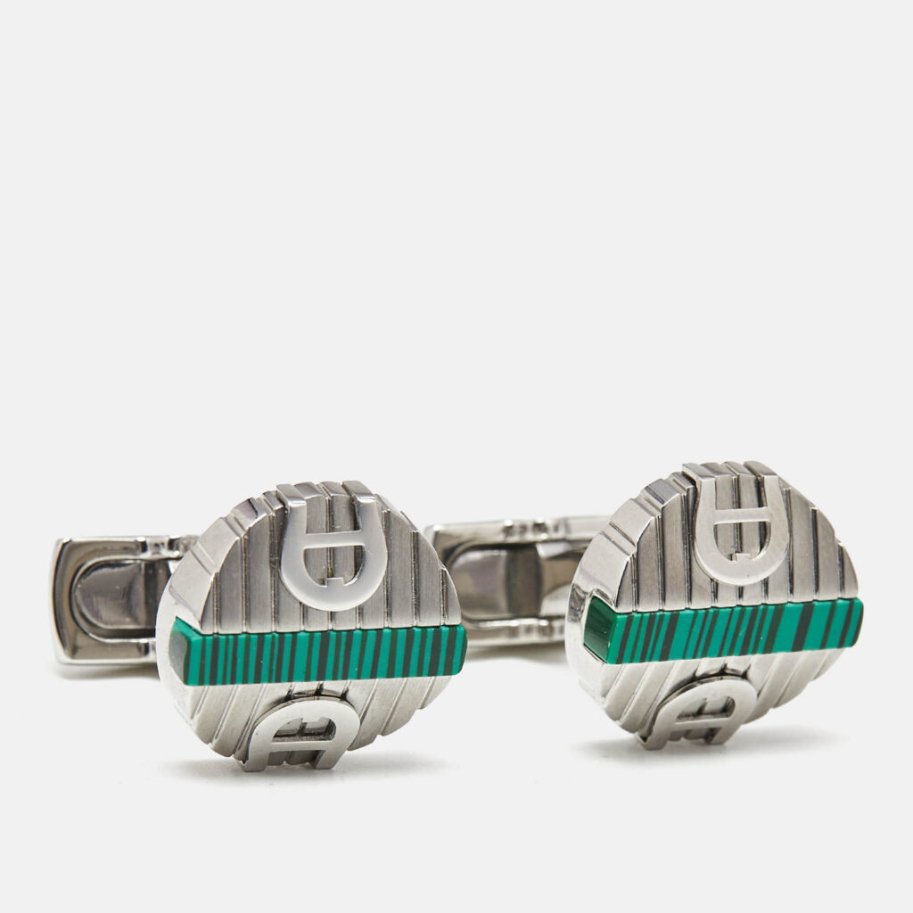 Aigner Logo Green Inlay Textured Silver Tone Round Cufflinks Aigner Logo Green Inlay Textured Silver Tone Round Cufflinks