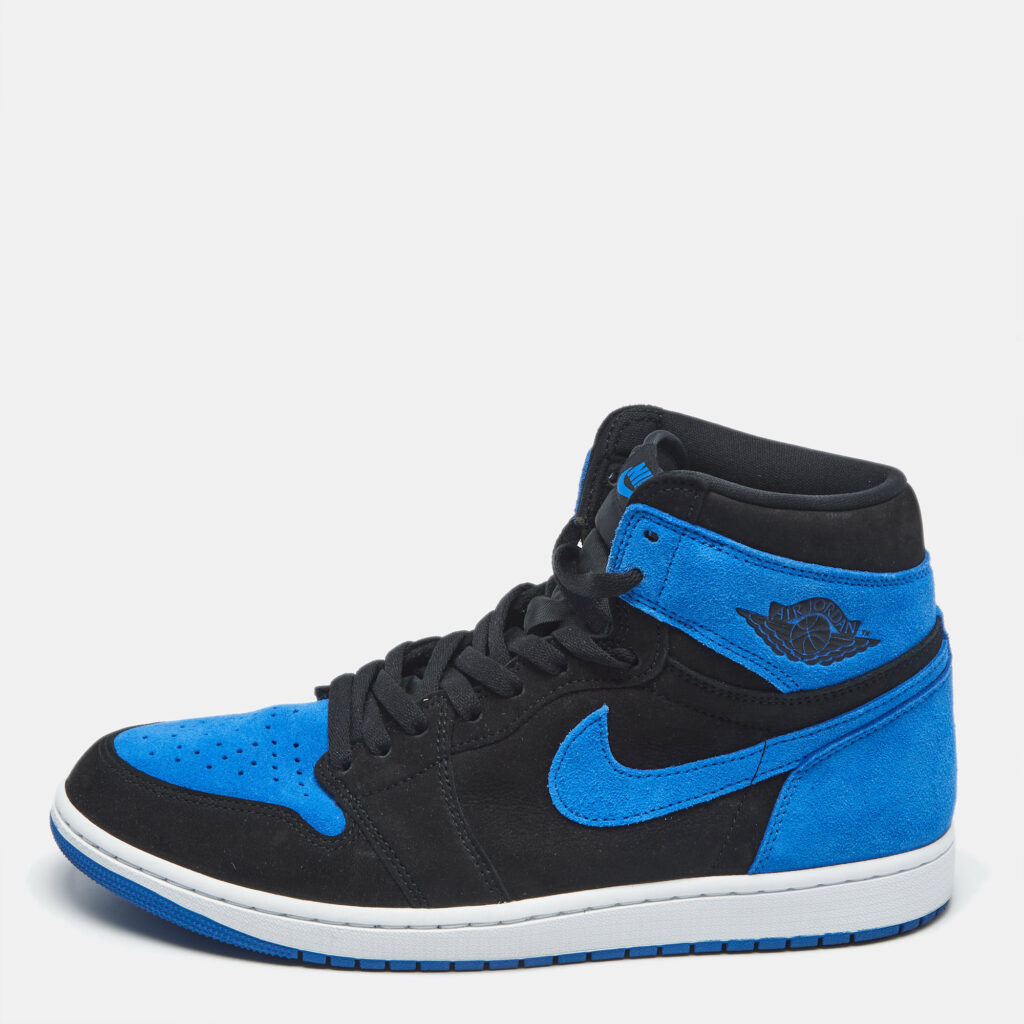 Air Jordans Blue/Black Suede Jordan 1 Retro High OG Royal Reimagined Sneakers Size 45.5