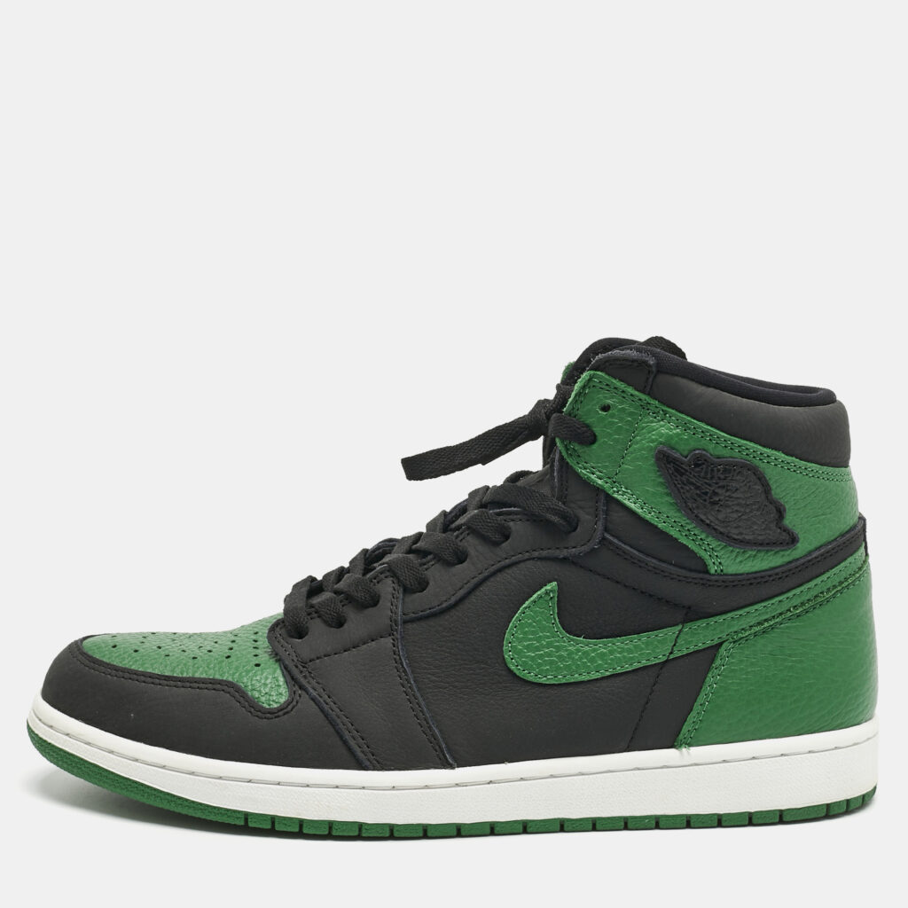 Air Jordans Green/Black Leather Jordan 1 Retro High Pine Green Black Sneakers Size 45.5