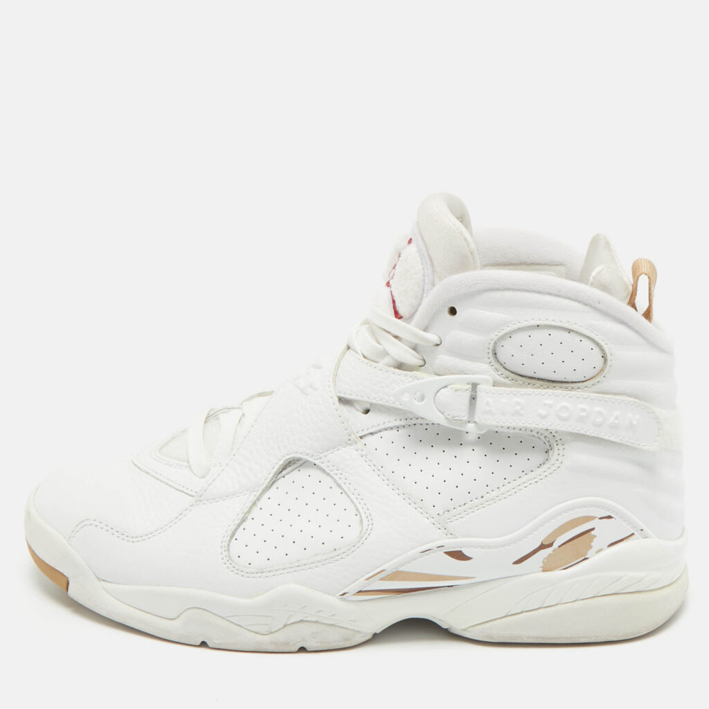 Air Jordans White Leather and Satin Jordan 8 High Top Sneakers Size 44