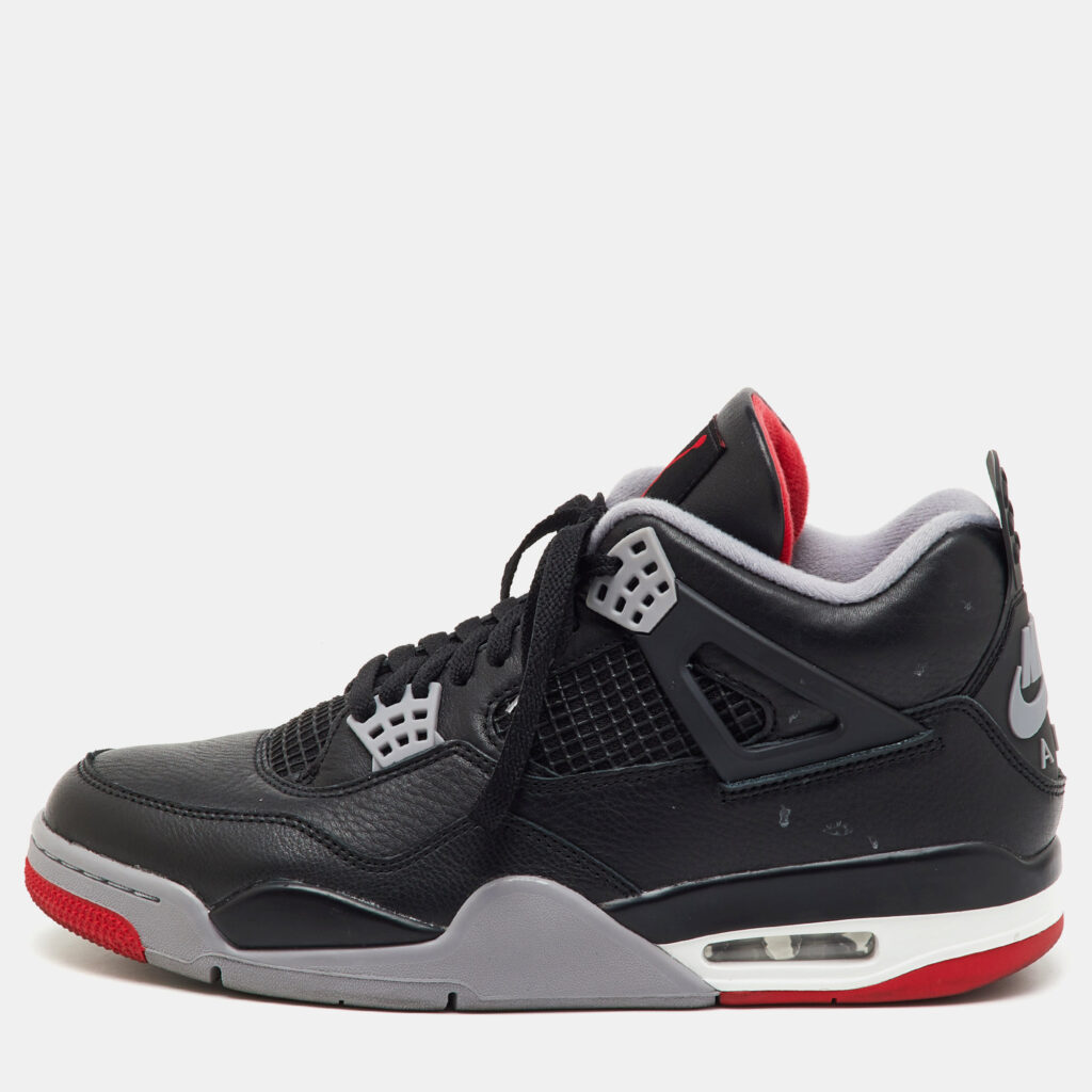 Air Jordans Black Leather Jordan 4 Retro Bred Reimagined Sneakers Size 45