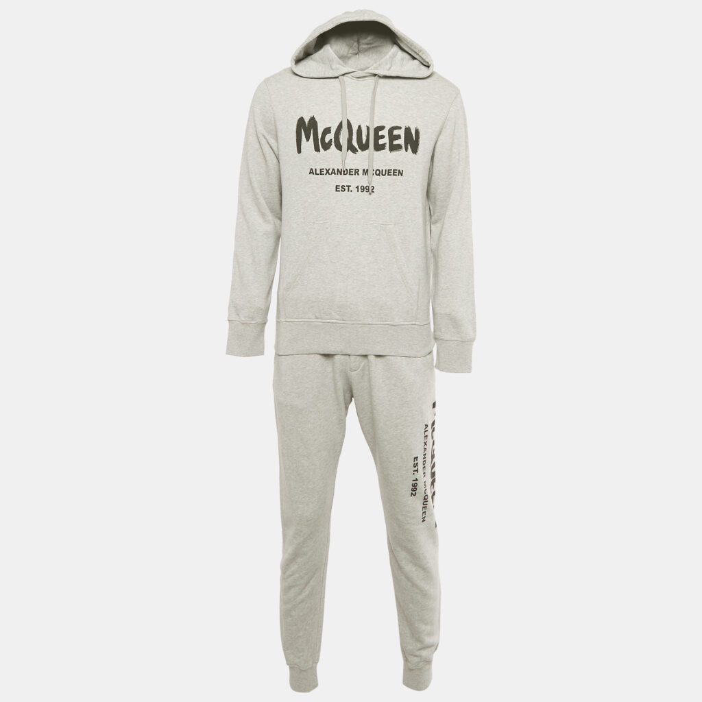 Alexander McQueen Grey Graffiti Logo Print Cotton Joggers Set M