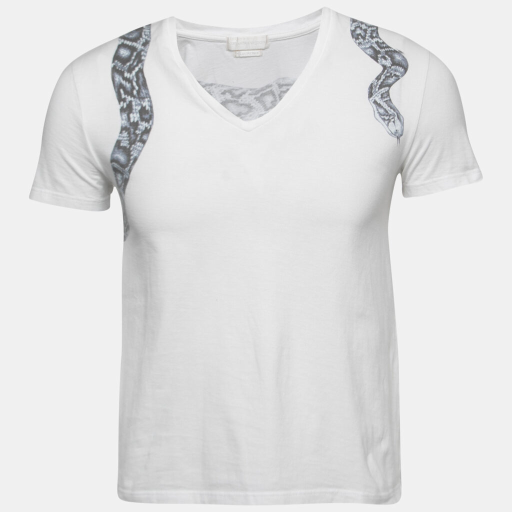 Alexander McQueen White Snake Print Cotton V-Neck T-Shirt XS Alexander McQueen White Snake Print Cotton V-Neck T-Shirt XS