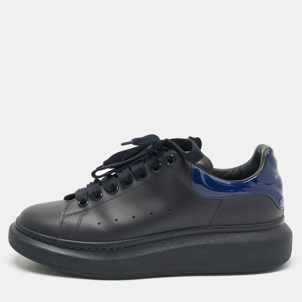 Alexander McQueen Navy Blue Leather and Patent Leather Oversized Lace Up Sneakers Size 40