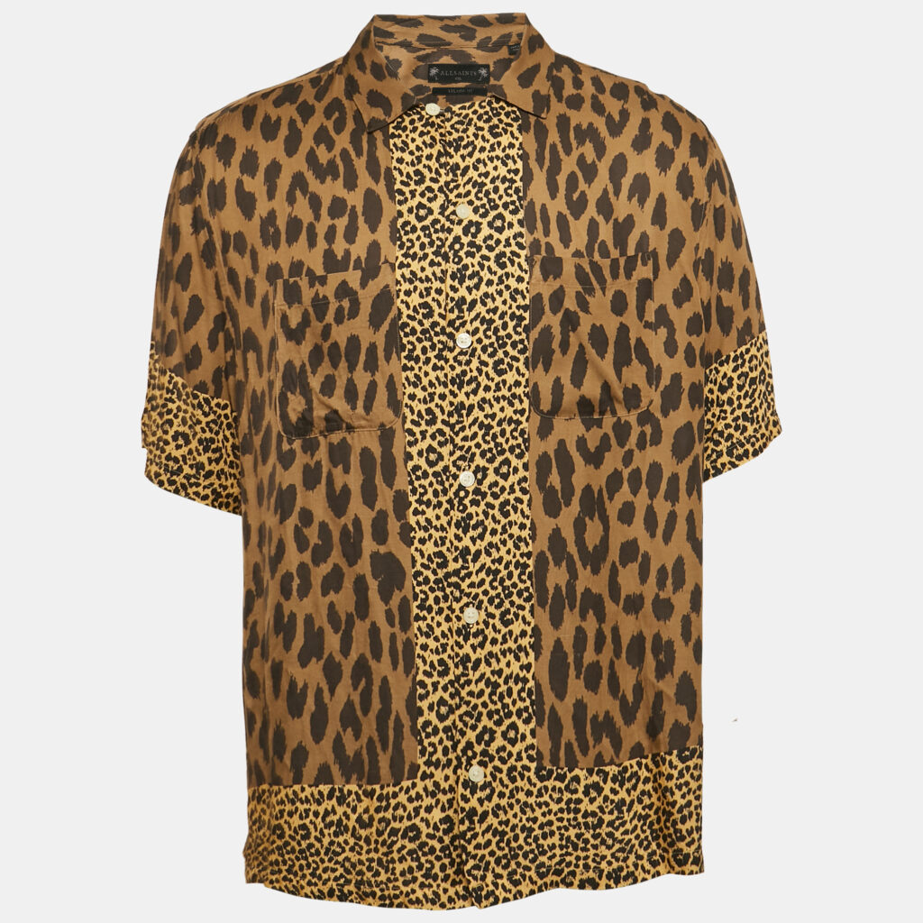 All Saints Brown Leopard Print Button Front Oversized Shirt XXL