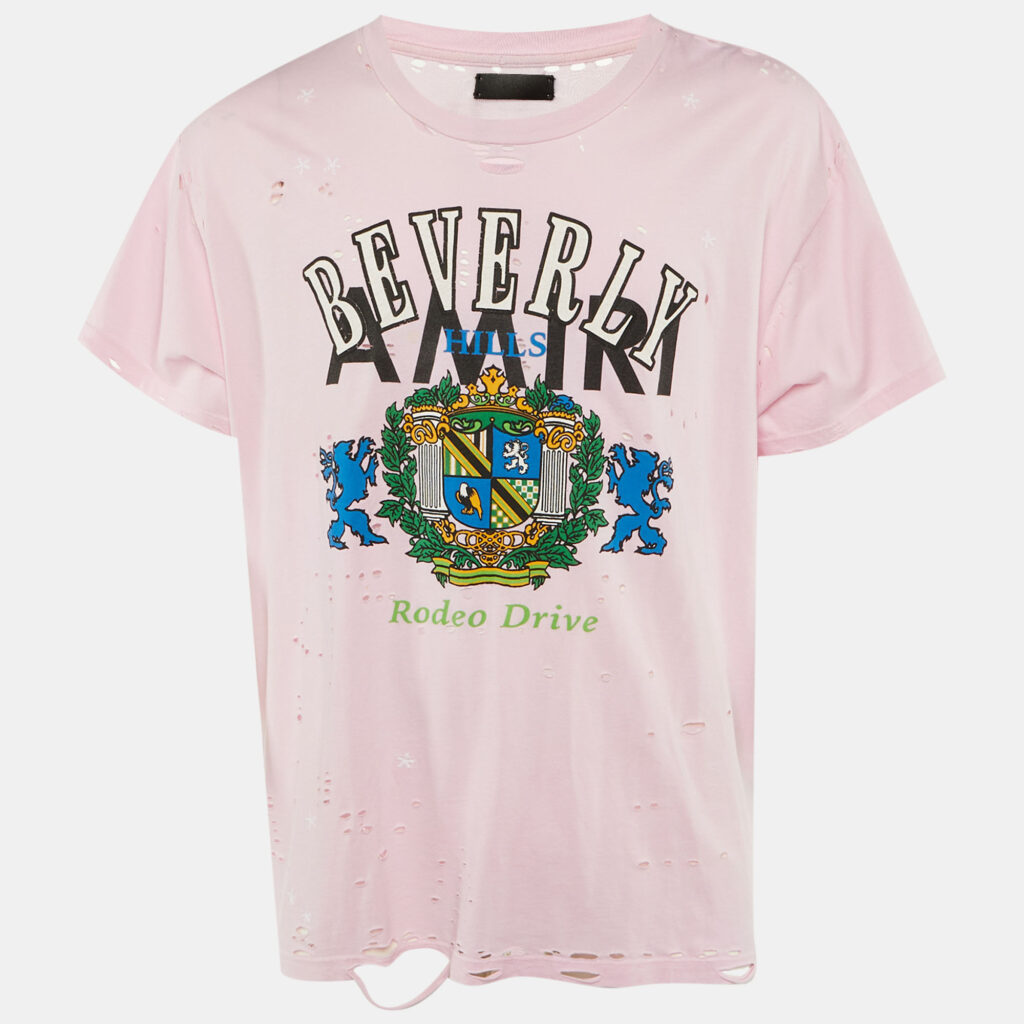 Amiri Pink Beverly Hills Print Cotton Distressed T-Shirt L Amiri Pink Beverly Hills Print Cotton Distressed T-Shirt L