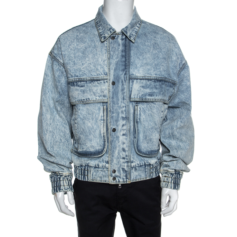 Amiri Blue Acid Washed Denim Zip Front Bomber Jacket S Amiri Blue Acid Washed Denim Zip Front Bomber Jacket S