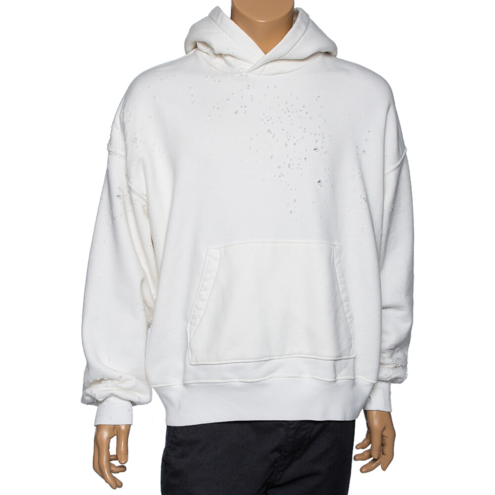 Amiri White Distressed Cotton Long Sleeve Oversized Hoodie S Amiri White Distressed Cotton Long Sleeve Oversized Hoodie S