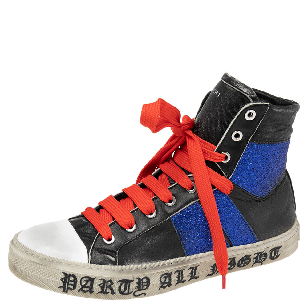 Amiri Black/Blue Leather And Glitter Sunset Lace High Top Sneakers Size 42 Amiri Black/Blue Leather And Glitter Sunset Lace High Top Sneakers Size 42