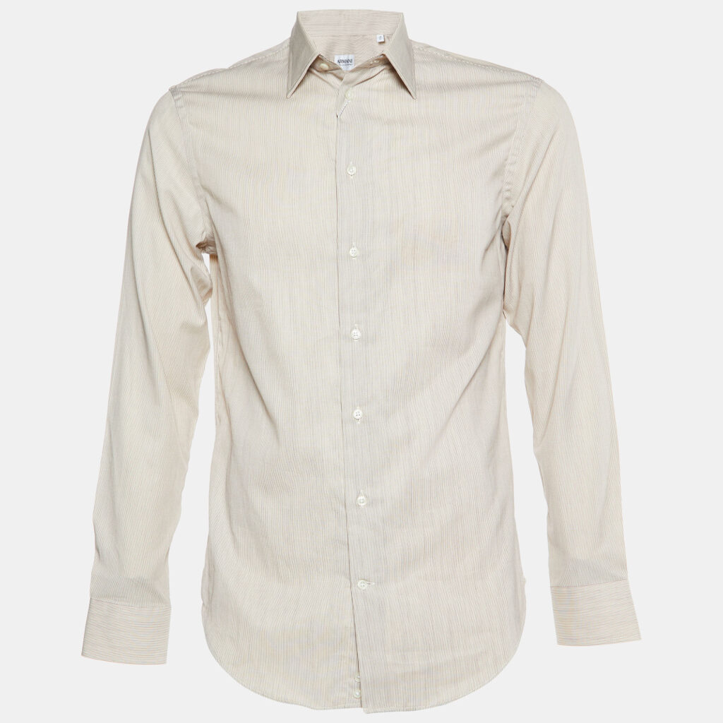 Armani Collezioni Beige Pinstripe Cotton Buttoned Up Shirt S Armani Collezioni Beige Pinstripe Cotton Buttoned Up Shirt S