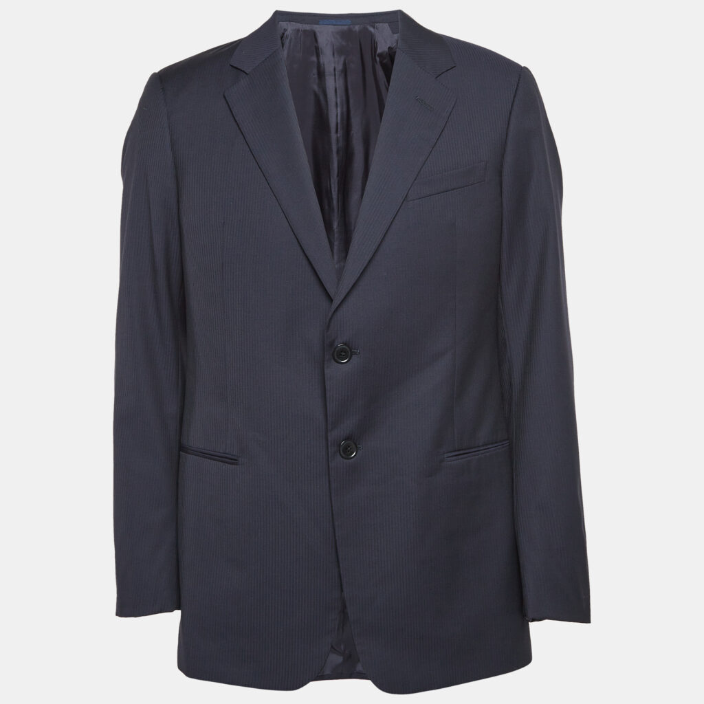 Armani Collezioni Navy Blue Stripe Patterned Wool Tailored Blazer XL Armani Collezioni Navy Blue Stripe Patterned Wool Tailored Blazer XL