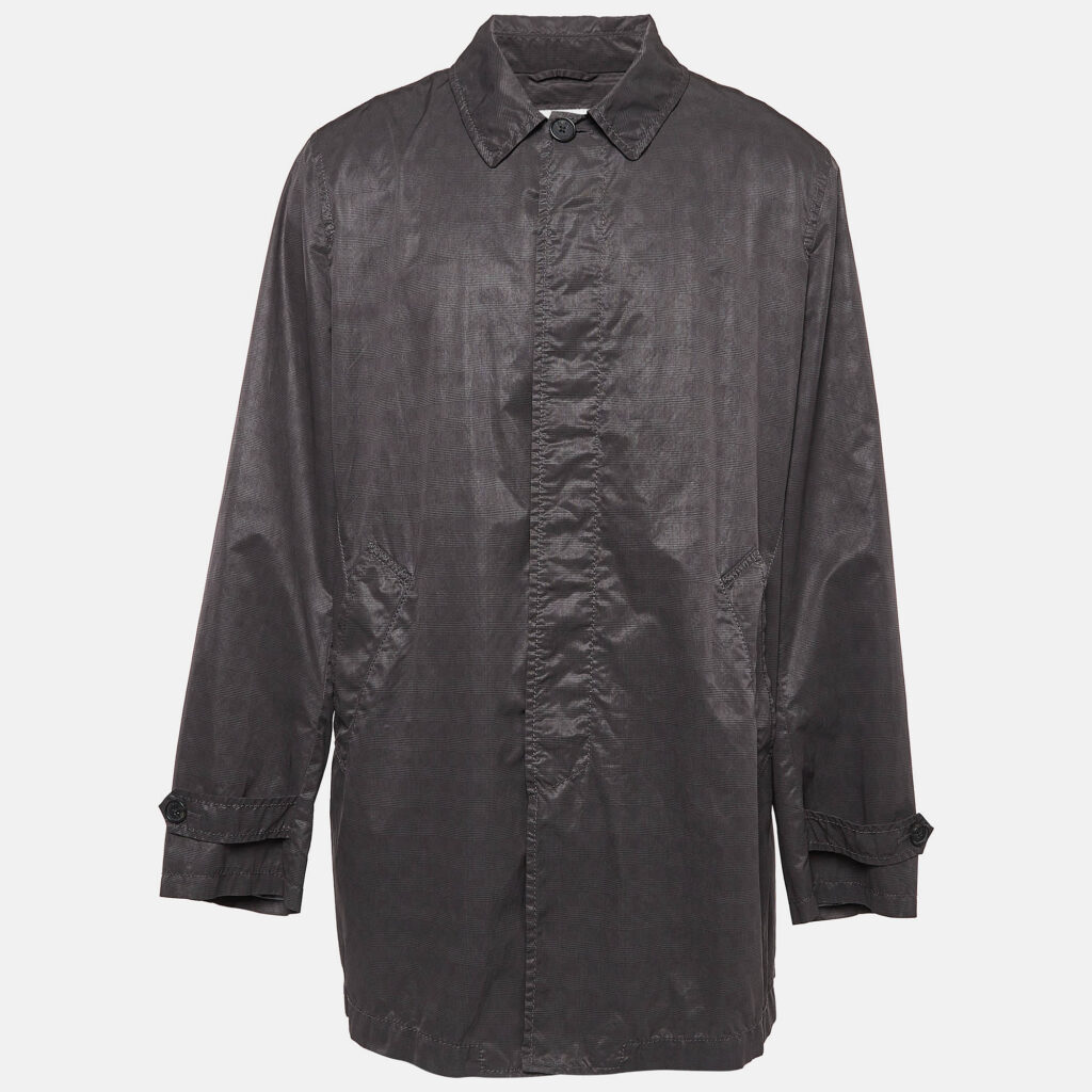 Armani Collezioni Grey Checkered Synthetic Long Overcoat XXXL Armani Collezioni Grey Checkered Synthetic Long Overcoat XXXL