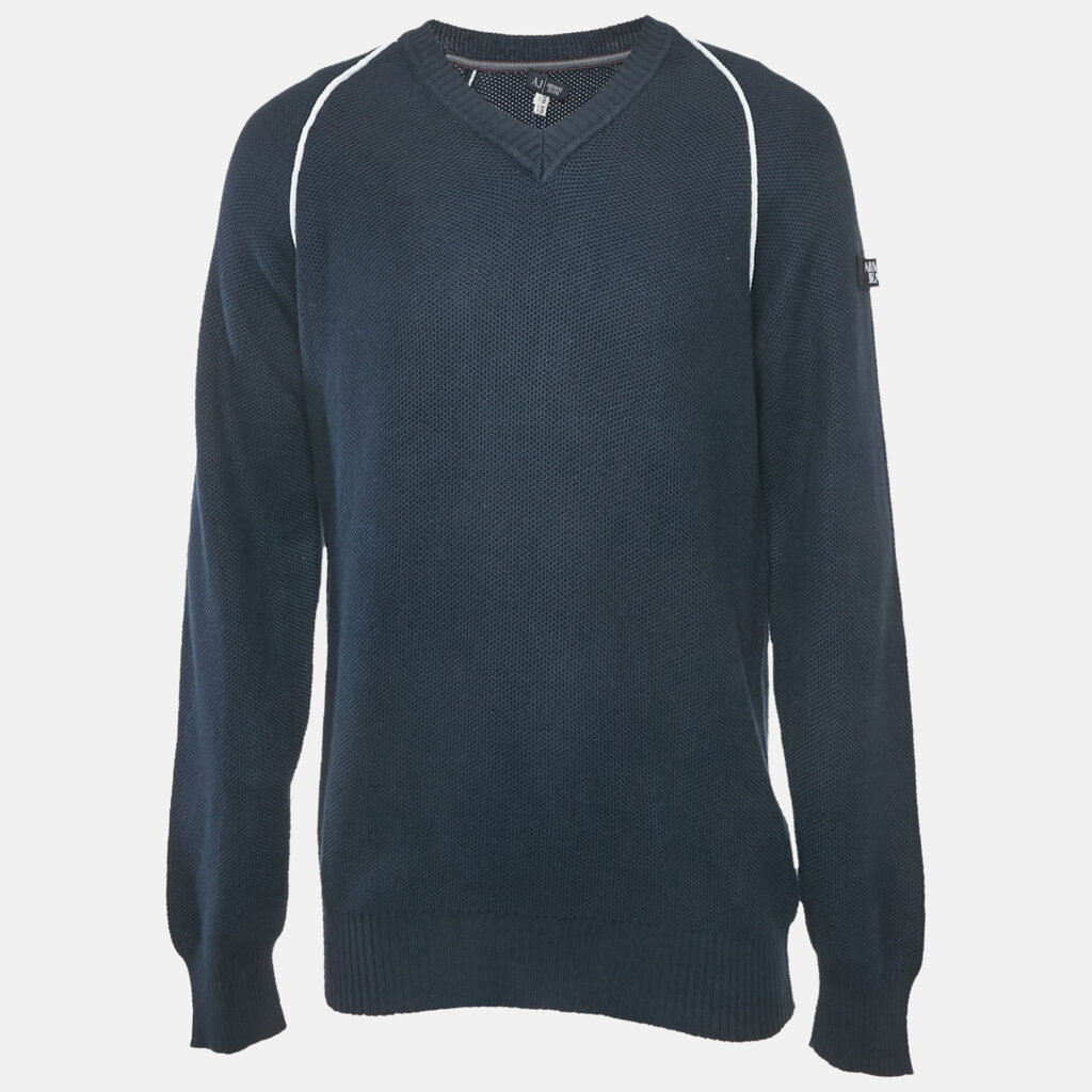 Armani Collezioni Navy Blue Cotton Knit V-Neck Jumper XXL Armani Collezioni Navy Blue Cotton Knit V-Neck Jumper XXL
