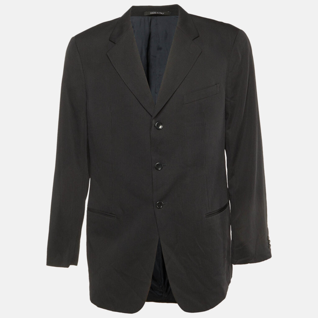 Armani Collezioni Black Pinstripe Wool Button Front Blazer XXL Armani Collezioni Black Pinstripe Wool Button Front Blazer XXL