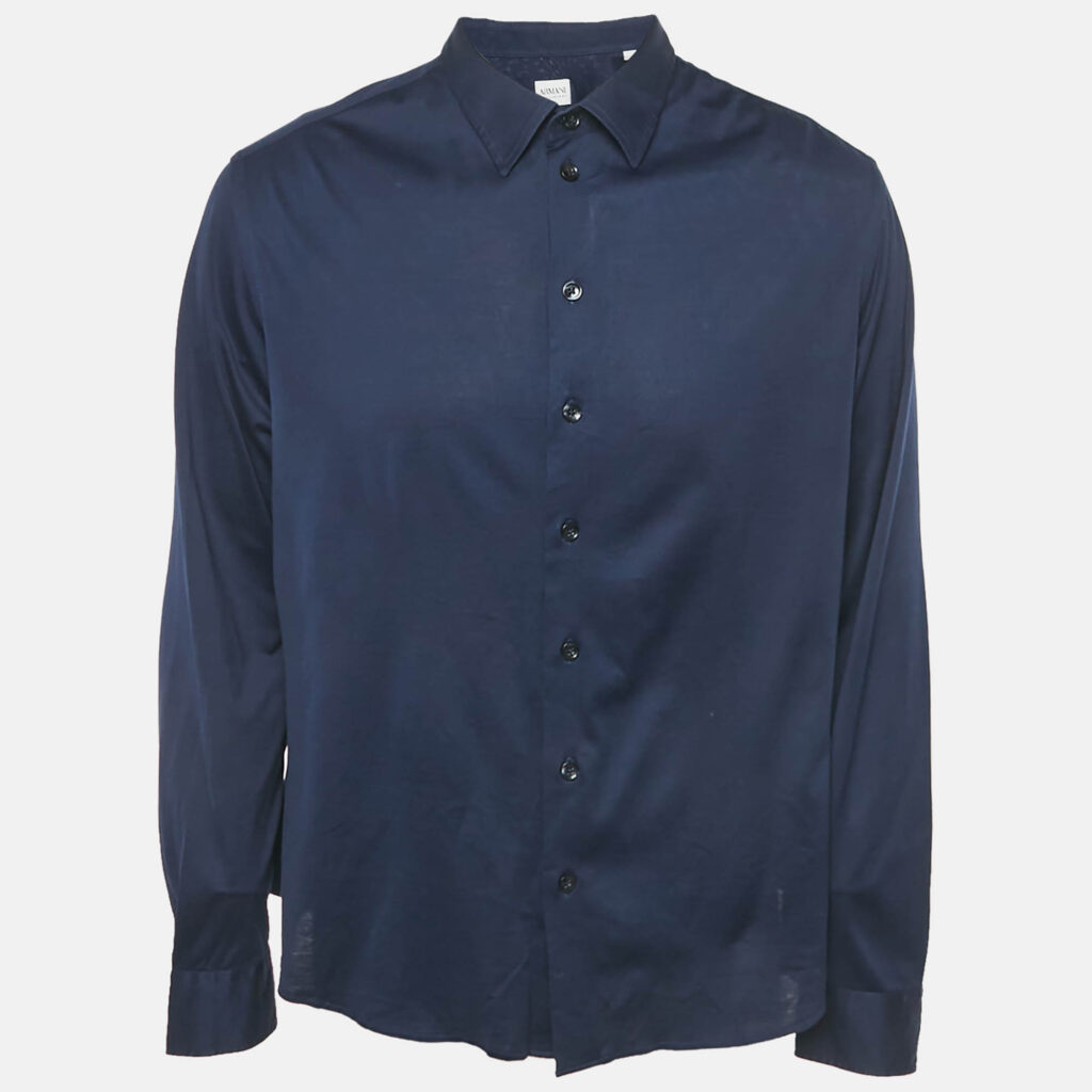 Armani Collezioni Navy Blue Cotton Full Sleeve Shirt XXL Armani Collezioni Navy Blue Cotton Full Sleeve Shirt XXL