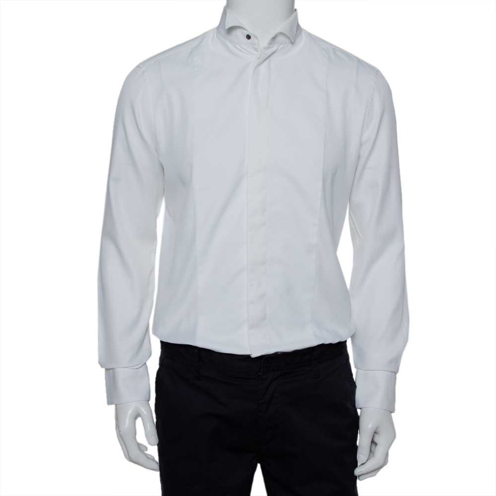 Armani Collezioni White Cotton & Silk Stand Collar Tuxedo Shirt L Armani Collezioni White Cotton & Silk Stand Collar Tuxedo Shirt L