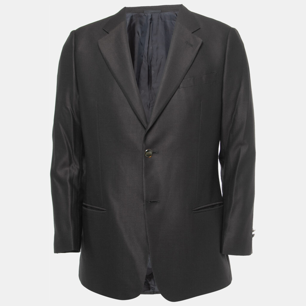 Armani Collezioni Black Textured Wool Single-Breasted Blazer XL Armani Collezioni Black Textured Wool Single-Breasted Blazer XL