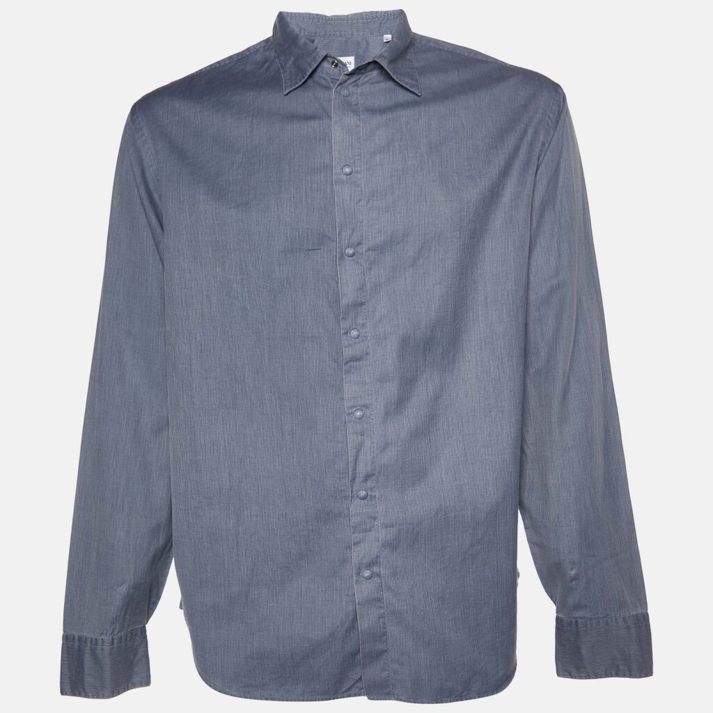 Armani Collezioni Blue Striped Cotton Long Sleeve Shirt XL Armani Collezioni Blue Striped Cotton Long Sleeve Shirt XL