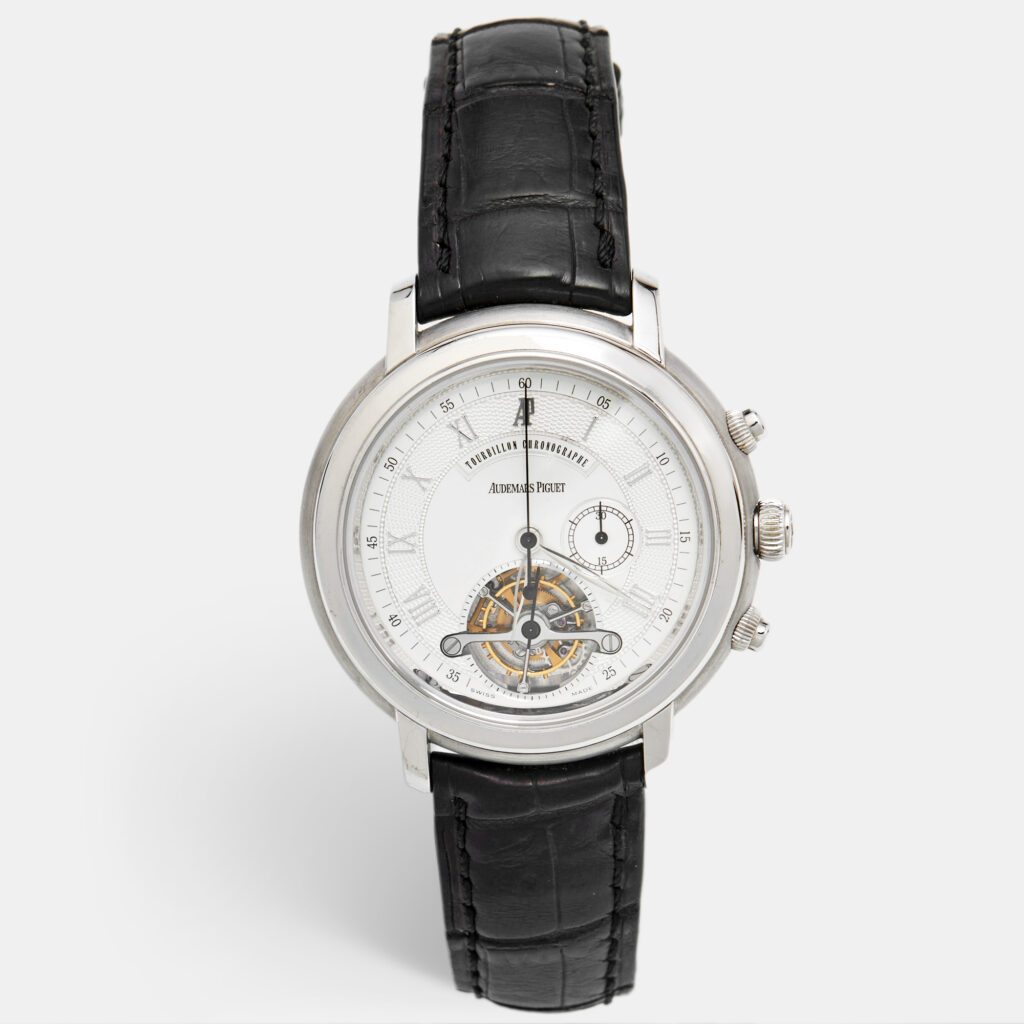Audemars Piguet Silver Dial 18K White Gold Crocodile Leather Jules Audemars Tourbillon Chronograph 25909BA.00.D002CR.03 Men's Wristwatch 43 mm Audemars Piguet Silver Dial 18K White Gold Crocodile Leather Jules Audemars Tourbillon Chronograph 25909BA.00.D002CR.03 Men's Wristwatch 43 mm