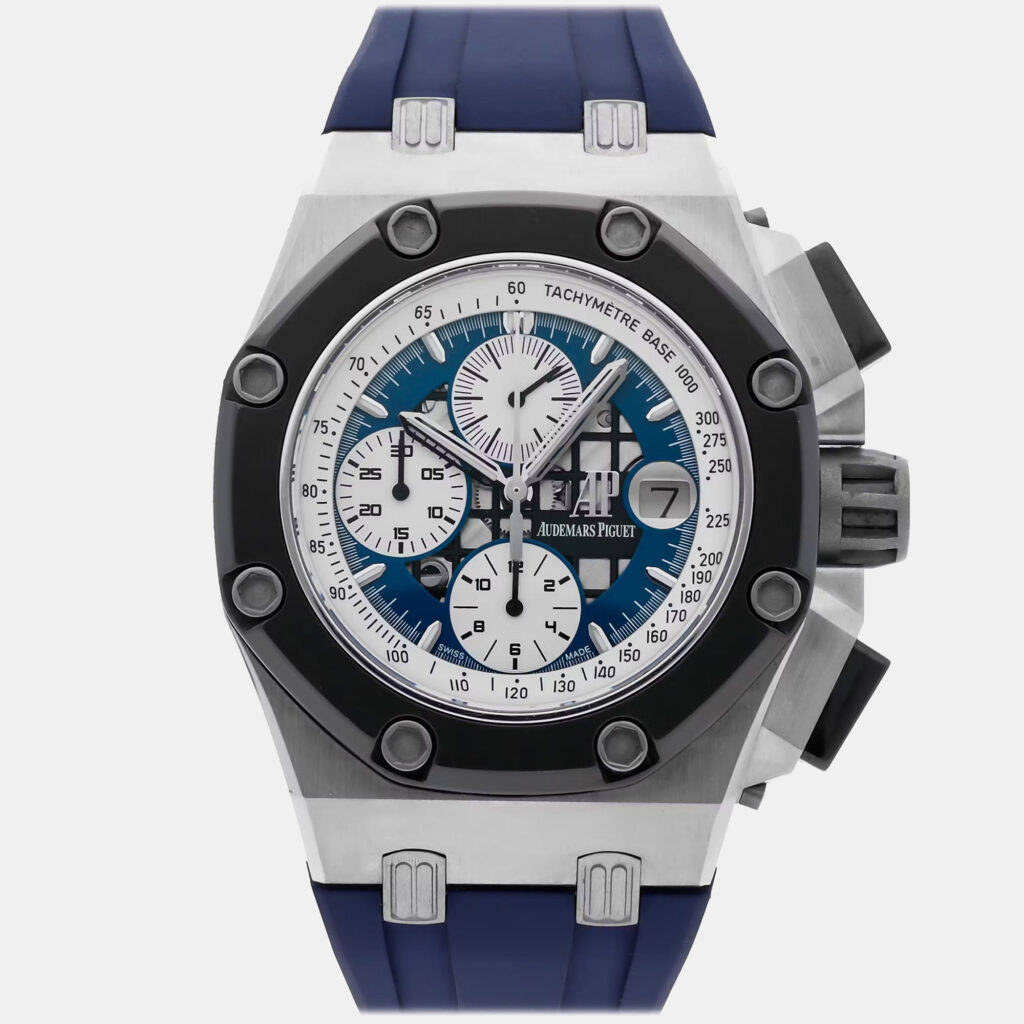 Pre-Owned Audemars Piguet Royal Oak Offshore Rubens Barrichello II 26078PO.OO.D018CR.01 Blue Automatic Platinum Men's Wristwatch 44 mm Pre-Owned Audemars Piguet Royal Oak Offshore Rubens Barrichello II 26078PO.OO.D018CR.01 Blue Automatic Platinum Men's Wristwatch 44 mm