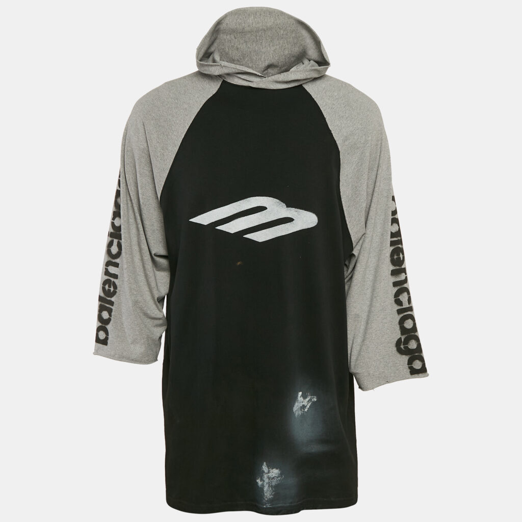 Balenciaga Black/Grey Stencil Logo Print Cotton Distressed Hoodie T-Shirt L