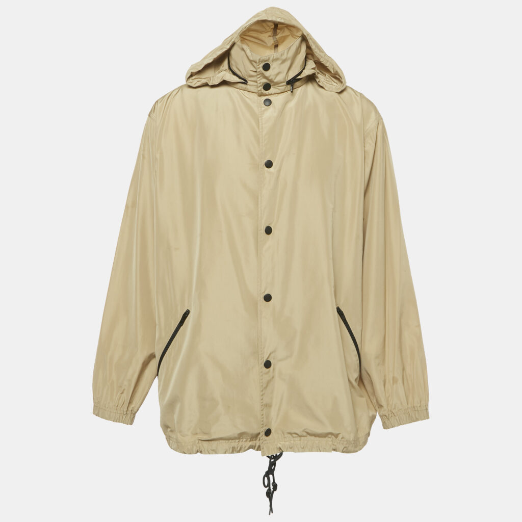 Balenciaga Beige Logo Print Synthetic Oversized Concealed Hood Jacket XS Balenciaga Beige Logo Print Synthetic Oversized Concealed Hood Jacket XS