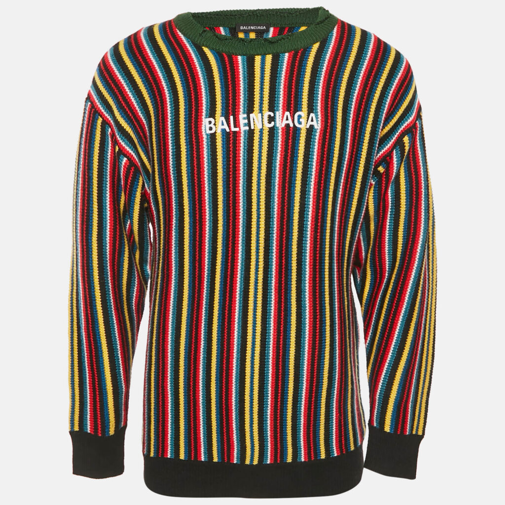 Balenciaga Multicolor Logo Intarsia Striped Wool Blend Oversized Sweater XXS Balenciaga Multicolor Logo Intarsia Striped Wool Blend Oversized Sweater XXS