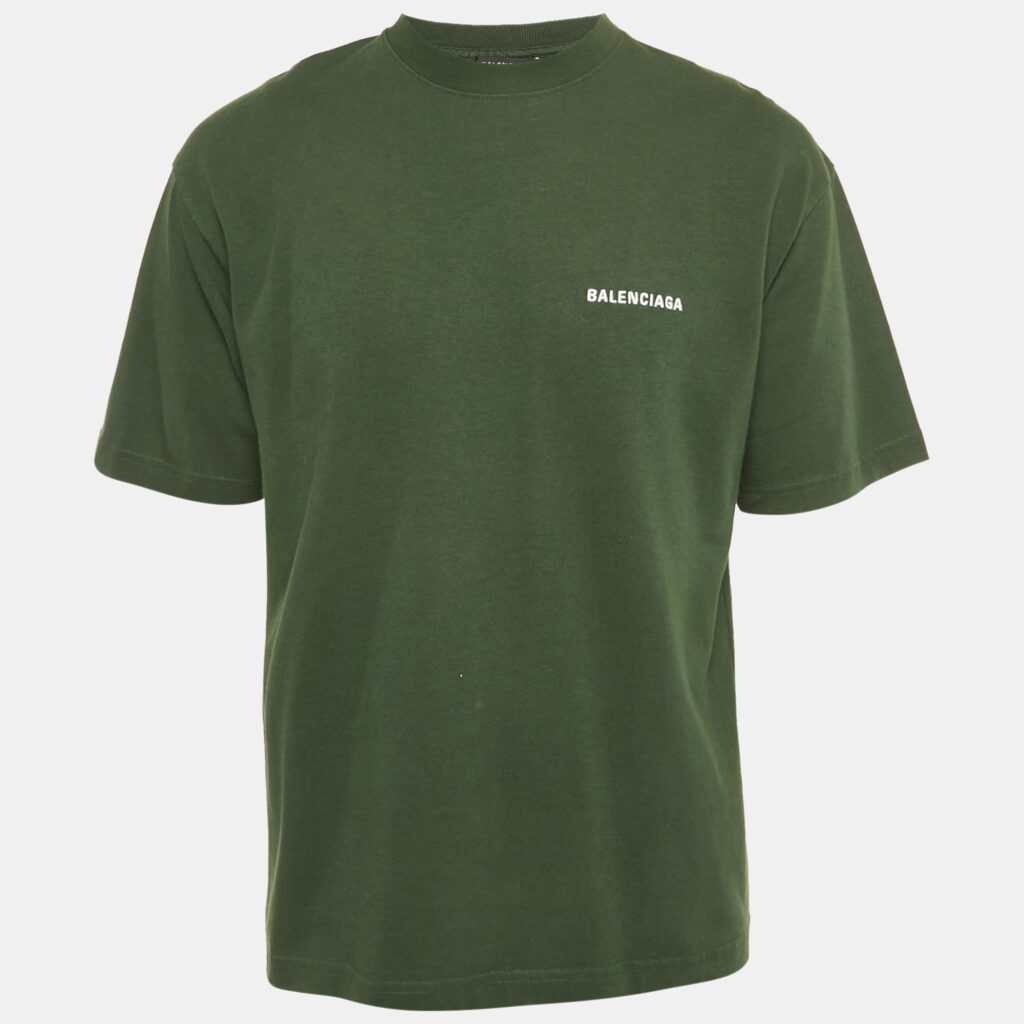 Balenciaga Olive Green Logo Embroidered Cotton T-Shirt S