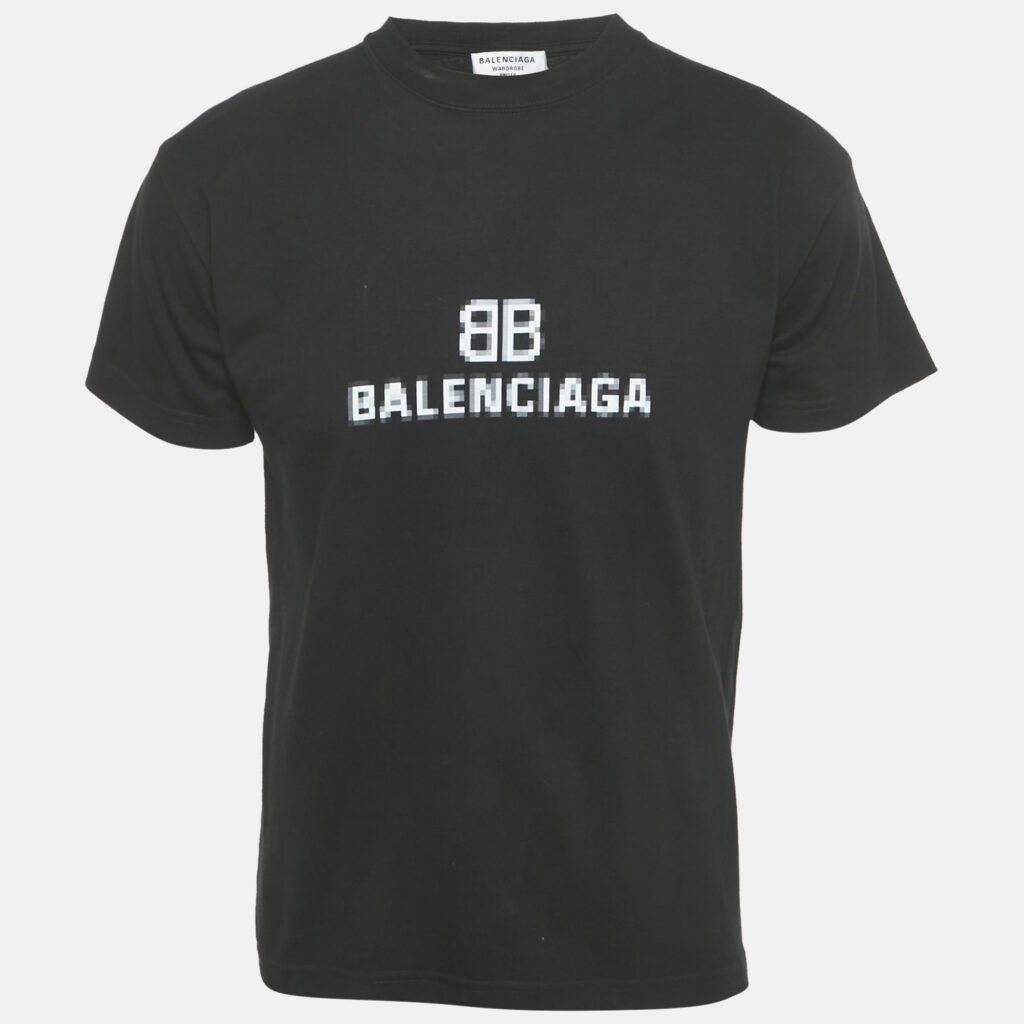 Balenciaga Black BB Logo Pixel Print Cotton T-Shirt XS