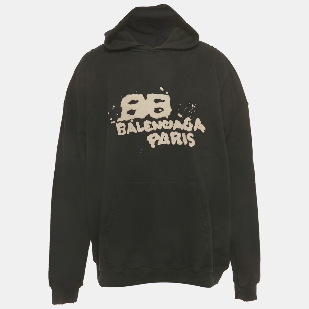 Balenciaga Black Printed Cotton Distressed Hoodie M Balenciaga Black Printed Cotton Distressed Hoodie M