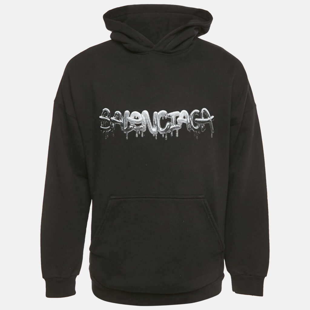 Balenciaga Unisex Black Logo Print Cotton Knit Hoodie M Balenciaga Unisex Black Logo Print Cotton Knit Hoodie M