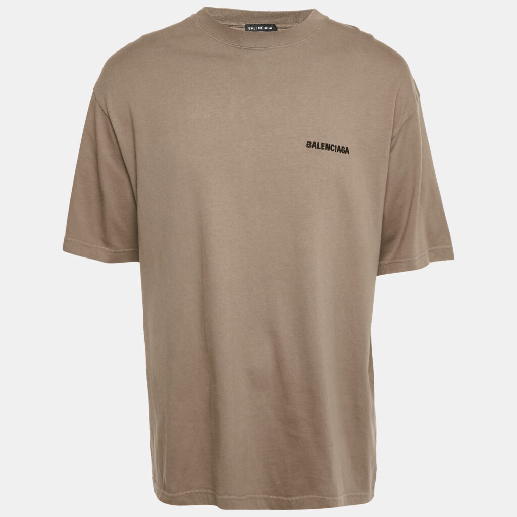 Balenciaga Unisex Tan Brown Logo Embroidered Cotton T-Shirt M